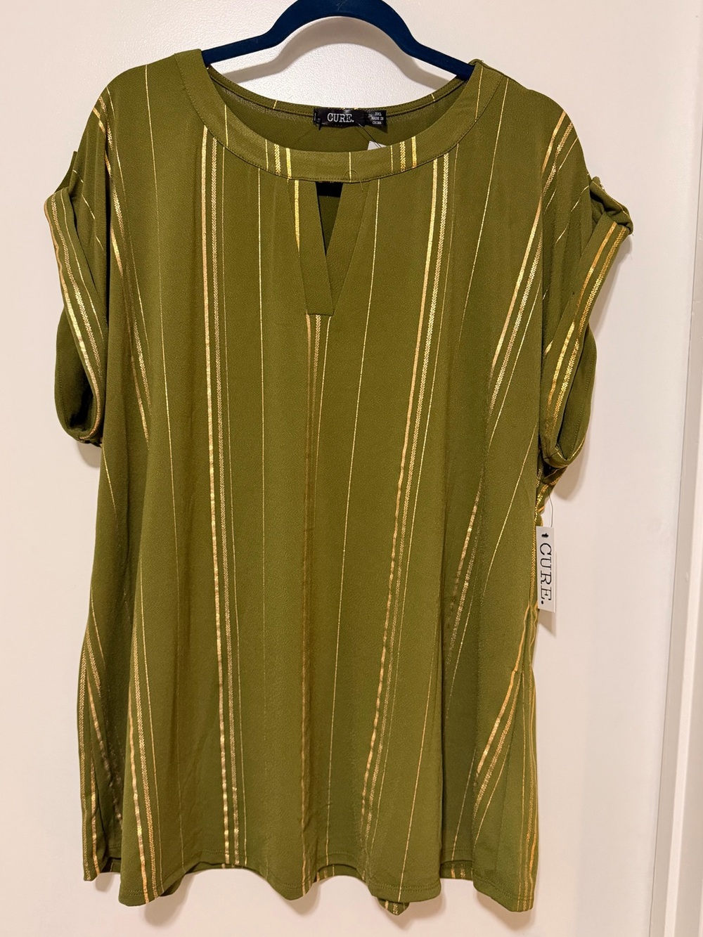Cure Olive Green Metallic-Striped Short Sleeve Tee